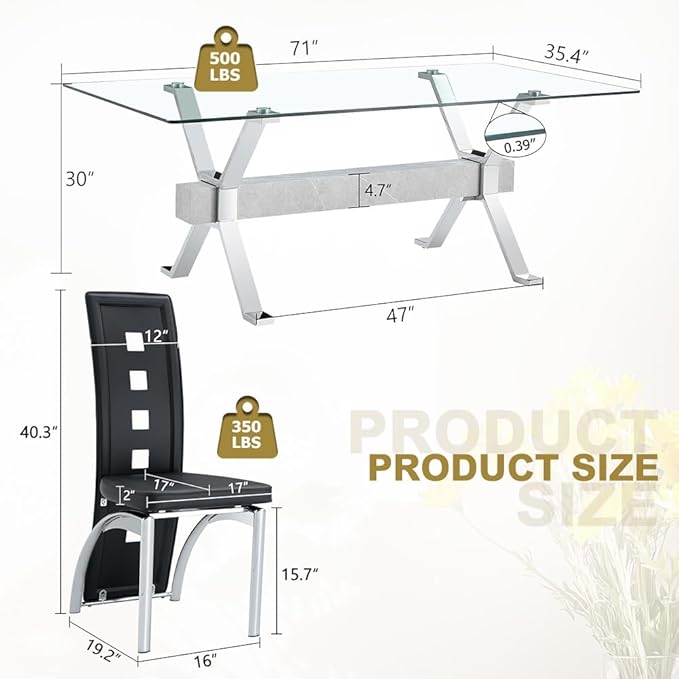 71'' Glass Dining Table Set for 6,7 Piece Dining Table Set with Tempered Glass Tabletop and Open‑Frame X‑Shaped Metal Base,Kitchen Table and Chairs Ideal for Dining Room&Home Office