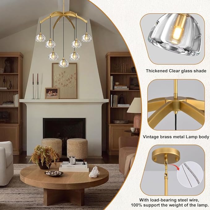 Modern Gold Chandelier, 34 inch Crystal Chandeliers for Dining Room (7-Light), Elegant Decoration Light for Living Room, Foyer Brass Chandeliers