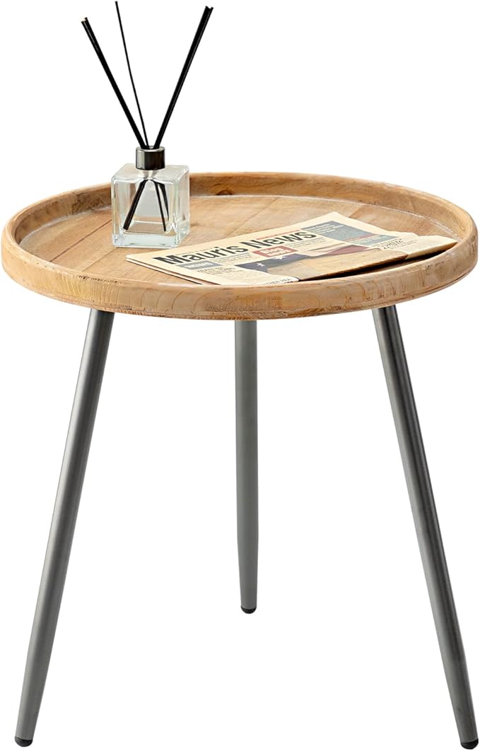 Tiita Round End Table Mental Side Table Nightstand/Small Wood Tables Accent Coffee Table with Wooden Tray for Living Room Bedroom Office Small Space