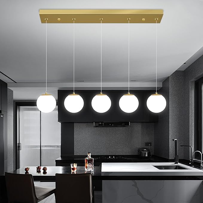 5-Lights Globe Pendant Light for Kitchen Island H 98" Gold Rectangle Chandelier Milk White Glass Pendant Lighting for Living Room Bedroom Entryway