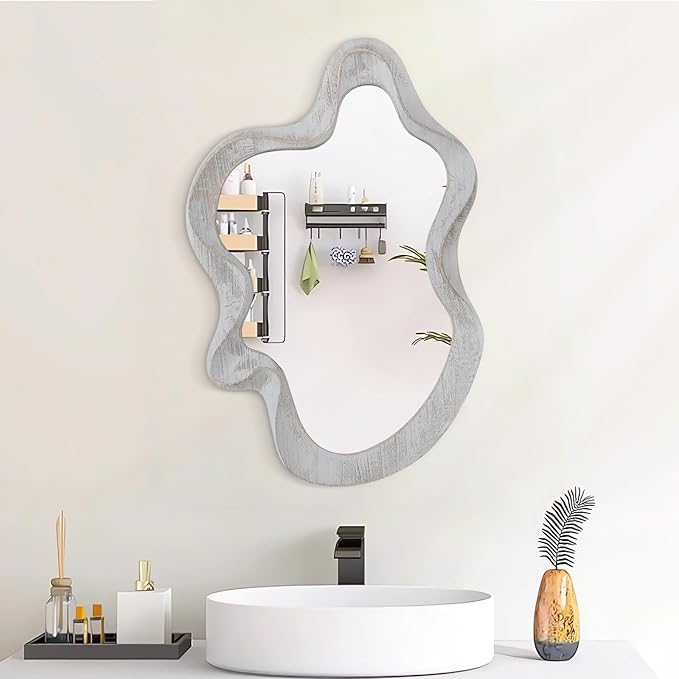 Irregular Wooden Framed Wall Mirror Modern Asymmetrical Unique Hanging Mirror Artistic Unique Cloud Wavy Shape Wall Decor Bathroom Vanity Bedroom Living Room Entryway Hallway Large