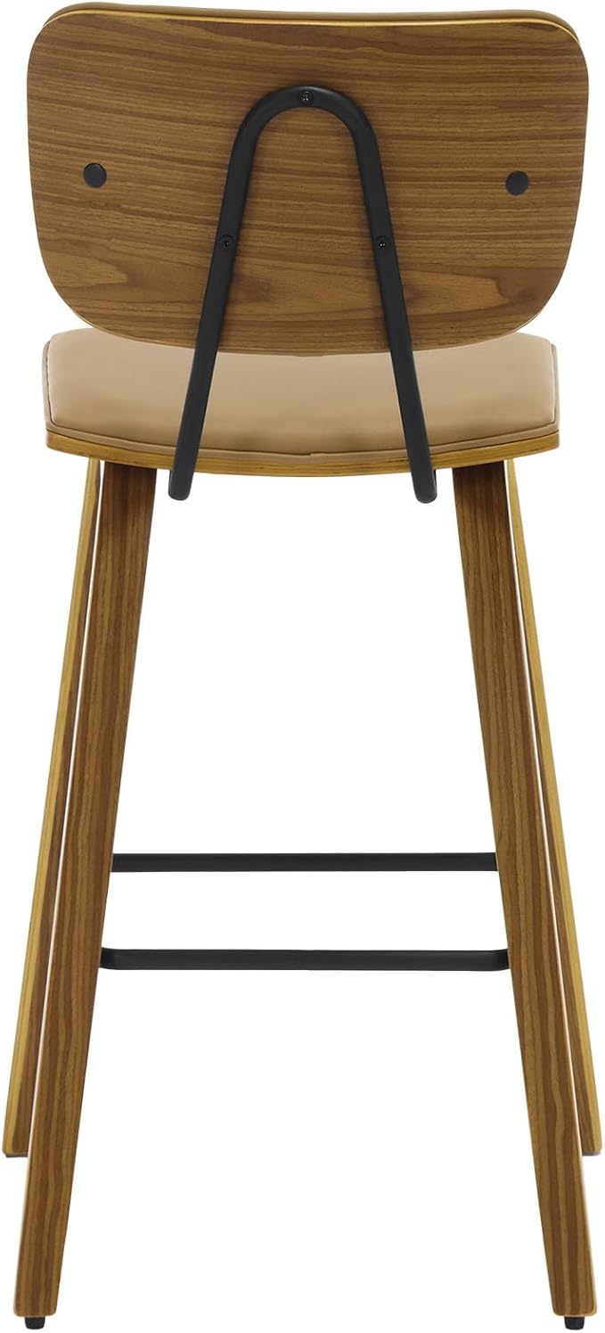 Counter Height Bar Stools, PU Leather Upholstered Barstools with Backs, Bent Wood Legs, 26 Inch Seat Height, Mid Century Modern Counter Stools for Kitchen Island, Brown