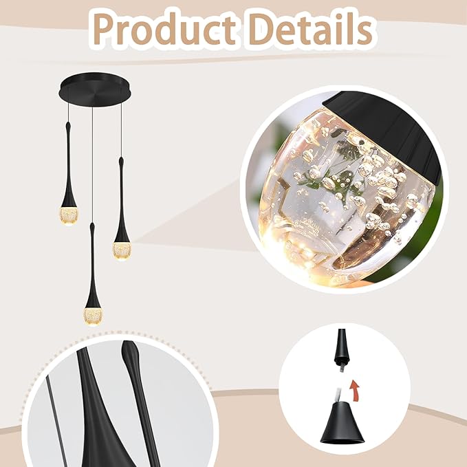 Pendant Lights Kitchen Island 3-Lights Pendant Chandelier for Dining Room Hallway Stairwell,LED Dimmable 2700K-6000K