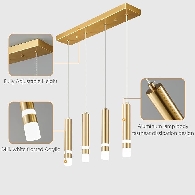 4-Light Dining Room Modern Pendant Light Kitchen Fixture Dimmable LED Gold Pendant Lighting fo Kitchen Island Study Pendant Lights