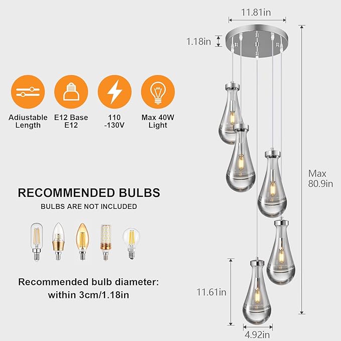 Raindrop Pendant Lights Kitchen Island Teardrop Chrome Hanging Light Fixtures Clear Solid Glass Pendant Light Modern Chandeliers for Dining Room Porch Corridor Living Room(5-Light)