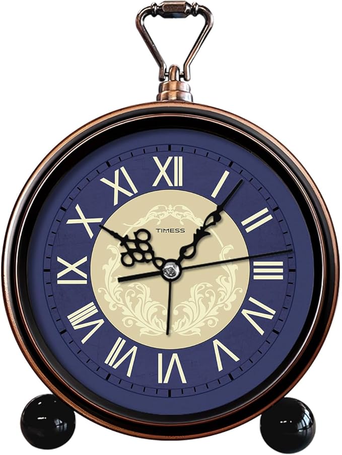 Vintage Analog Alarm Clock, 6.1" Silent Non-Ticking Quartz Desk Clock with Roman Numerals, Battery Operated Table Clock for Bedroom, Living Room, Office, or Gift (Blue)