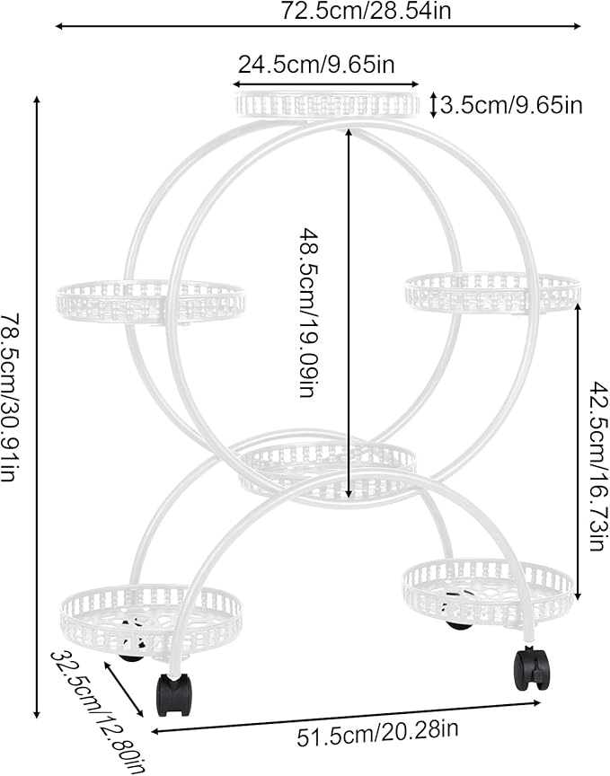 unho Metal Plant Stand 6-Potted: Flower Pot Holder with Wheels 4 Tier Display Shelf Rack for Patio Balcony Yard Garden Home Decor, White