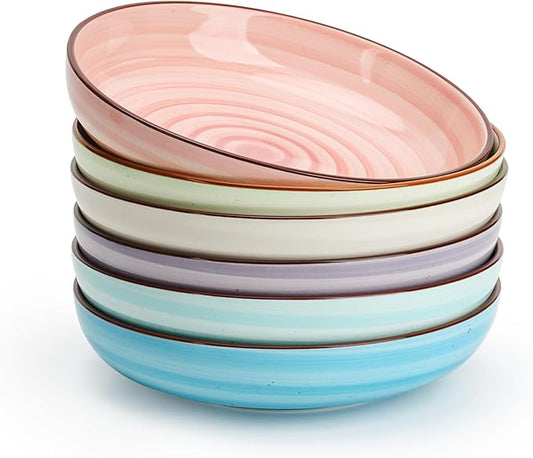 KitchenTour Large Pasta Bowls 34 oz, Ceramic Salad Serving Bowls Set of 6, 8.6 Inch Wide and Shallow Bowl for Soup- Dishwasher and Microwave Safe, Assorted Warm Colors