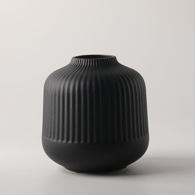 Black Ceramic Vase for Flowers, 6 Inch Flower Vases Home Decor, Black Boho Vases for Pampas Grass, Vase for Centerpieces Living Room Table Entryway Shelf
