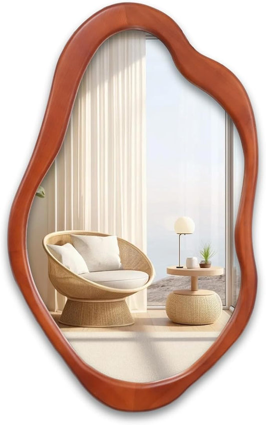 Wavy Mirror with Wood Frame, Modern Decorative Asymmetrical Mirror for Bedroom, Living Room, Entryway (Walnut, 2415)