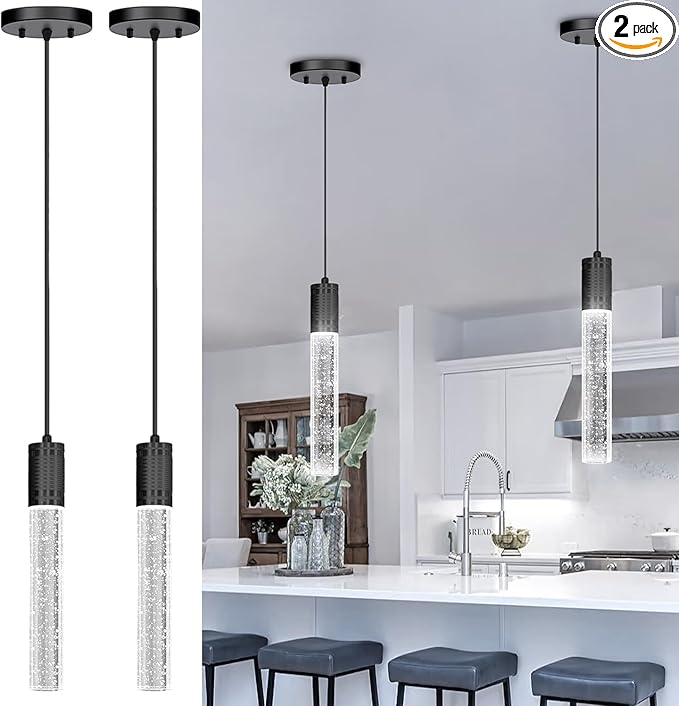 Set of 2 Pendant Lights for Kitchen Island, White Light, Black Crystal Linear Pendant Lighting, Bar Corner LED Light Fixture