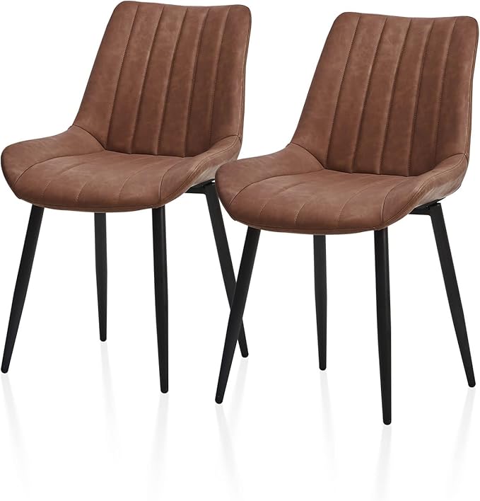 TUKAILAi Faux Leather Dining Chairs Set of 2, Modern Linear Design Kitchen Chairs with Upholstered Seat and Metal Legs, Comfortable Side Chairs for Dining Room Restaurant Commercial (Brown)