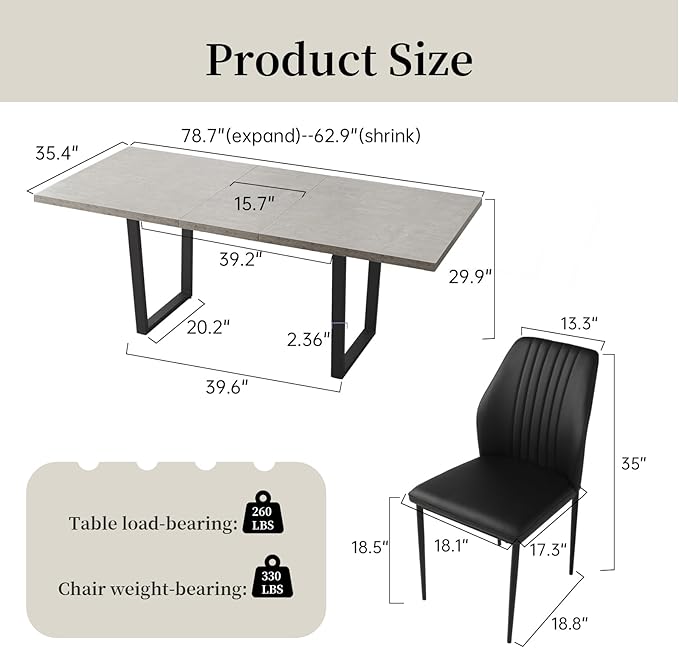 ZckyCine 63"-79" Modern Dining Table Set for 6 Kitchen Dining Room Table Set Extendable Wood Dining Table and 6 Upholstered Chairs, Home Kitchen Furniture
