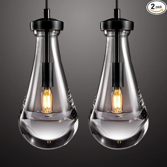 Raindrop Pendant Light Set of Two, Black Pendant Lights Kitchen Island, Pendant Lighting Tear Drops Pendant Light Fixtures, Pendant Lights for Kitchen Island Bedroom Bathroom, Included Bulb