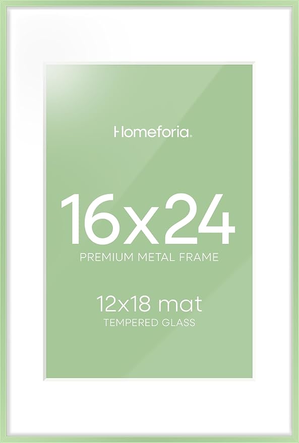 Homeforia 16x24 Sage Green Picture Frame, High End Metal 16x24 Poster Frames with Mat 12x18 inch Photo, 16 x 24 Sage Green Frame Matted to 12 by 18 Art, 24x16 Frame, Tempered Glass, Wall Kit, Set of 1