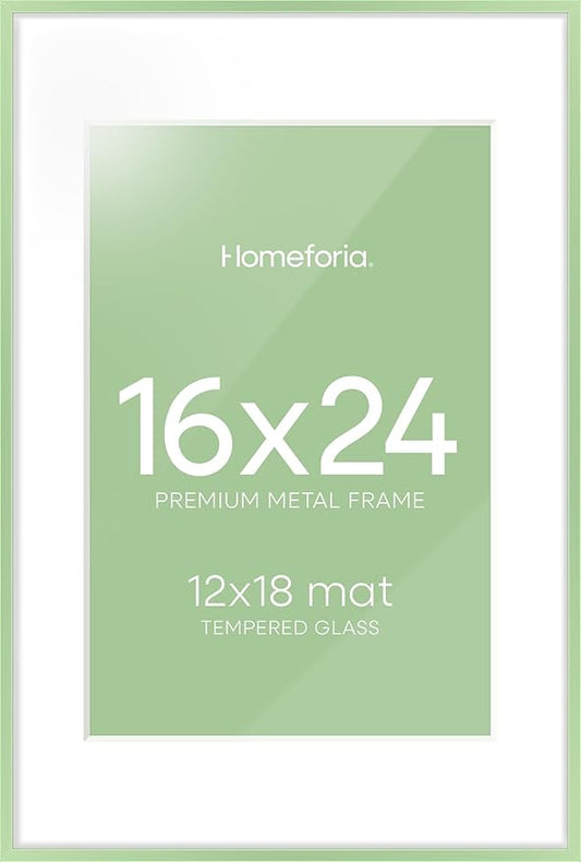 Homeforia 16x24 Sage Green Picture Frame, High End Metal 16x24 Poster Frames with Mat 12x18 inch Photo, 16 x 24 Sage Green Frame Matted to 12 by 18 Art, 24x16 Frame, Tempered Glass, Wall Kit, Set of 1