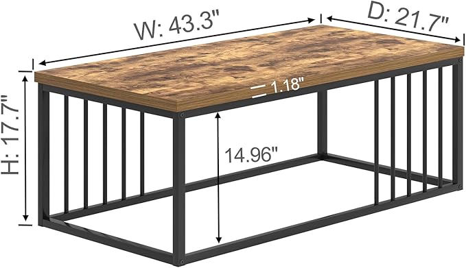 FOLUBAN Coffee Table, Modern Wood and Metal Living Room Table, Industrial Rectangle Cocktail Tea Table, Rustic Brown, 43.3 Inch