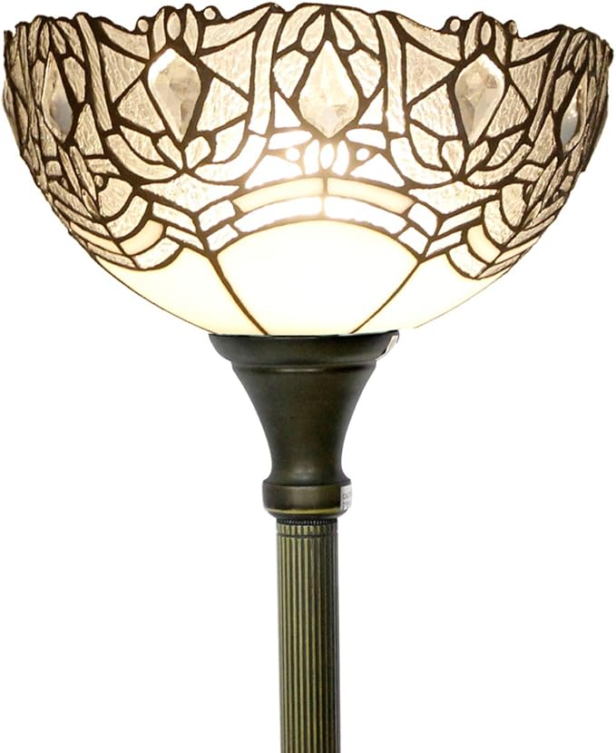 WERFACTORY Tiffany Floor Lamp White Crystal Stained Glass Light 12X12X71 Inches Pole Torchiere Standing Corner Torch Uplight Decor Bedroom Living Room Home Office S508W Series