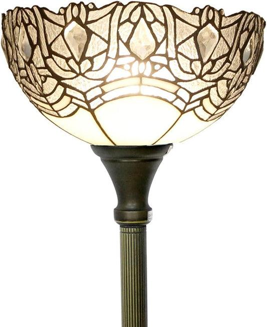 WERFACTORY Tiffany Floor Lamp White Crystal Stained Glass Light 12X12X71 Inches Pole Torchiere Standing Corner Torch Uplight Decor Bedroom Living Room Home Office S508W Series