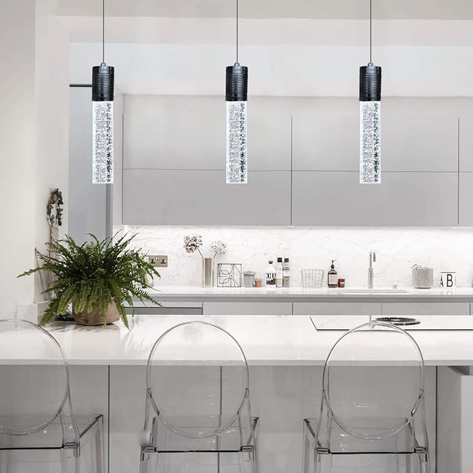 3 Lights Independent Kitchen Island Dining Room Lights Black Pendant Light Fixtures Linear Chandeliers 3 Pendant Lights for Kitchen Island Modern Pendant Light Fixtures, Day Light Bulbs Included