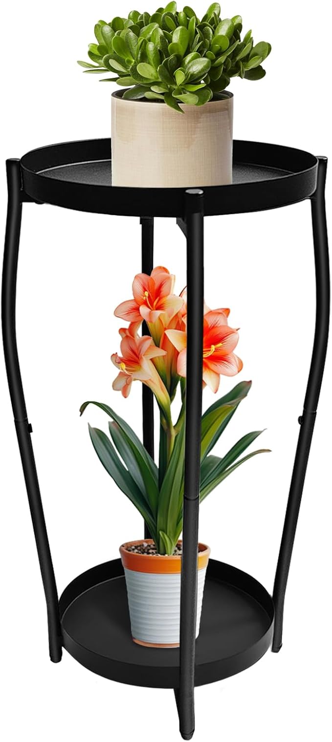 Plant Stand Indoor, 2 Tier Tall Plant Stands, 4-Leg Metal Flower Stand, Heavy Duty Plant Shelf Plant Rack Flower Stands for Living Room, Black