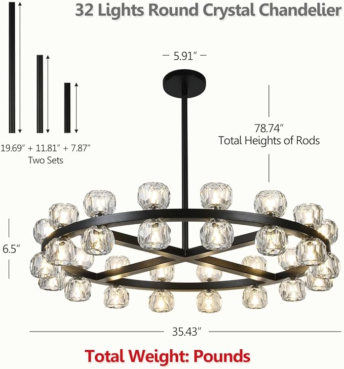 35" Round Crystal Chandelier, 32 Lights Black Chandeliers for Dining Room, Modern Chandelier Light Fixture with Crystal Shades for Living Room