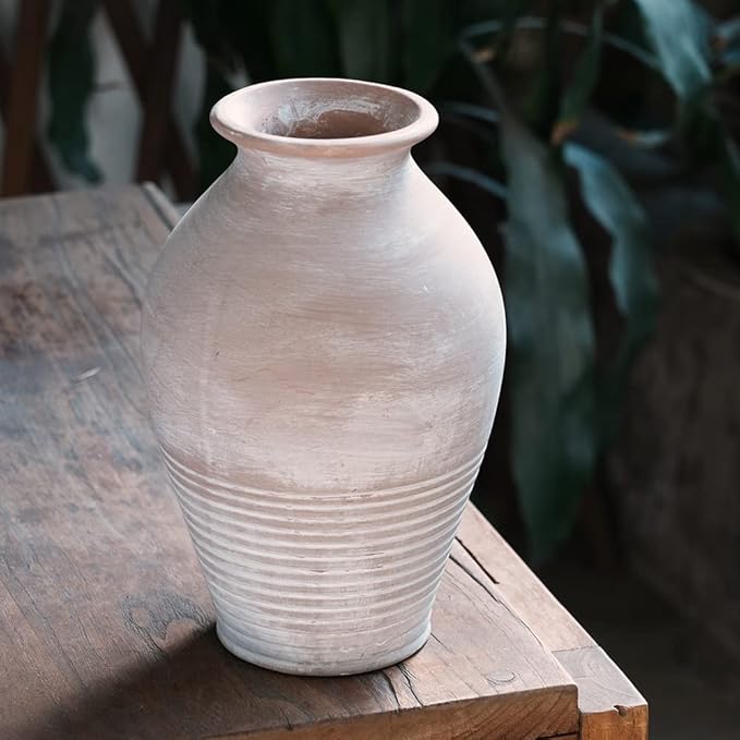 LUKA Ceramic Rustic Farmhouse Vase, 9.2 inch Whitewashed Terracotta Vase, Pottery Decorative Flower Vases,Clay Decorative Vases for Home Decor, Table, Living Room, Shelf, Mantel Decoration
