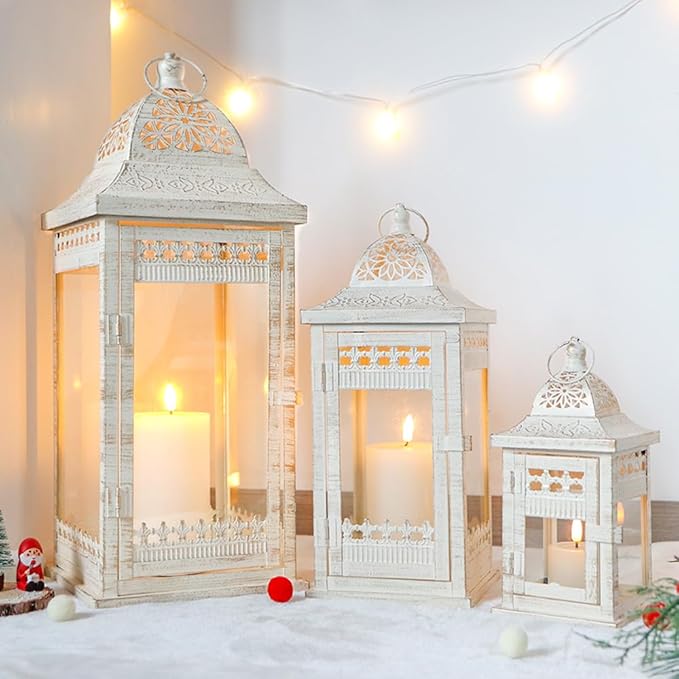 JHY DESIGN 6Pcs Decorative Candle Lanterns 20"&14.5"&9.5" High Vintage Style Hanging Lantern, Metal Candleholder for Indoor Outdoor, Events, Parties and Weddings（Beige with Gold Brush）