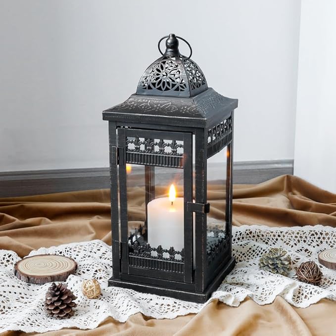 JHY DESIGN Decorative Candle Lanterns 14.5" High Vintage Style Hanging Lantern, Metal Candleholder for Indoor Outdoor, Events, Parties and Weddings（Black with Gold Brush）