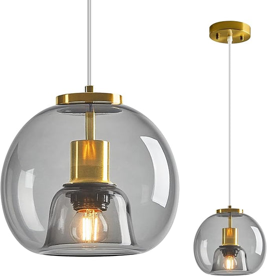 Light Grey Glass Pendant Lights Kitchen Island Gold Hanging Light Fixture Glass Globe Pendant Light Modern Pendant Lighting for Kitchen Island Bedroom Dining Room (7.87", 1 Pack)