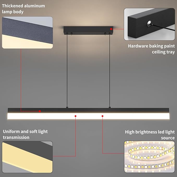 LED Linear Pendant Light, Dimmed Chandeliers for Dining Room with Remote Control, Modern Pool Table Island Lights Adjustable Ceiling Pendant Light for Kitchen, Living Room, Office, Black,31in