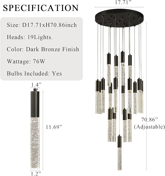 Modern Black Pendant Lights, Large Raindrop LED Hanging Lamps High Ceiling, Round Dimmable Crystal Chandeliers for Dining Room Living Room Staircase Farmhouse