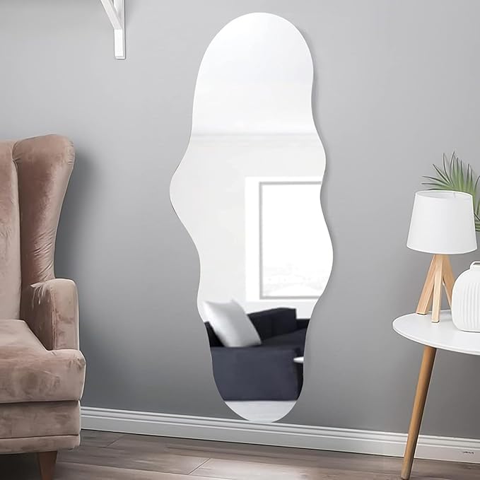 Unique 47X23 Inch Full Length Wall Mounted Mirror Tall Mirror Full Body Floor Length Mirror Dressing Body Mirror Frameless Mirror for Bedroom Bathroom Living Room, Irregular Shape Mirror, White