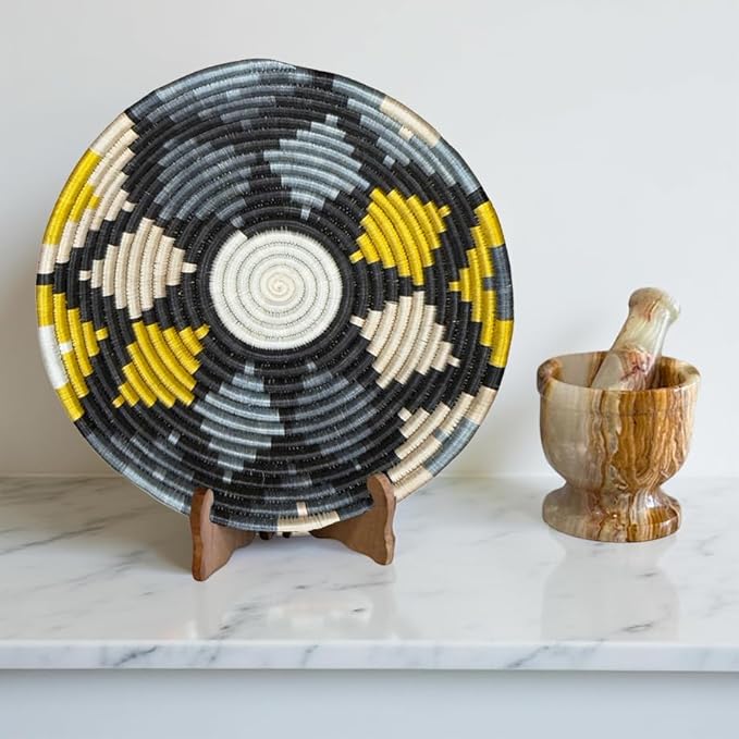 Handwoven African Basket Handmade sisal Fruit Bowl Wall Hanging decorative Baskets for Home Living Room Kitchen Centerpiece Zen Designs Arts and Crafts (Slate Grey Black Yellow, 12in diameter)