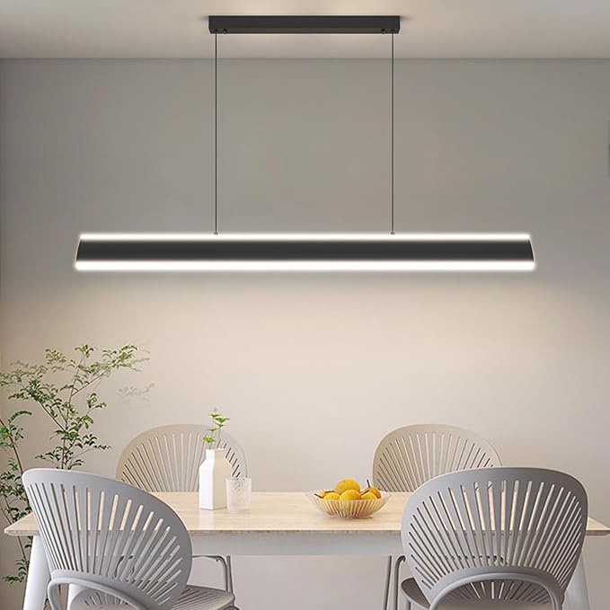 Linear Pendant Lights Kitchen Island, Dimmable LED Chandeliers for Dining Room, Modern Billiard Room Pool Table Light Ceiling Pendant Lamp for Bar Office, Black, Adjustable Height