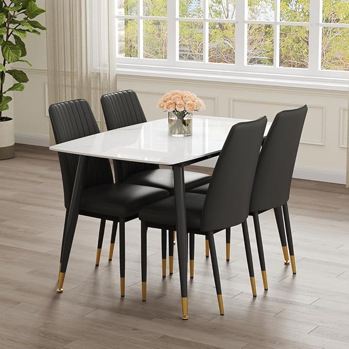 50" White Marble Dining Table Set for 4 - Sintered Stone Tabletop & 4 Upholstered PU Leather Chairs - Modern Dining Room Set for Small Spaces (1 White Table + 4 Black Chairs)