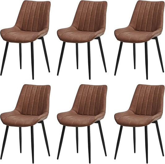 TUKAILAi Faux Leather Dining Chairs Set of 6, Modern Linear Design Kitchen Chairs with Upholstered Seat and Metal Legs, Comfortable Side Chairs for Dining Room Restaurant Commercial (Brown)