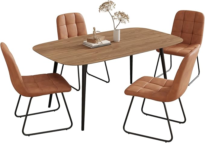 55.1'' Dining Table Set for 4,Modern Wood Dining Table,Leather Dining Chairs 4,Table and Chairs Set of 4,Ideal for Kitchen Dining Room (Walnut Color Table + 4 U-Shaped Brown Chairs, 55.1")
