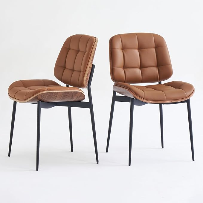 Mid Century Modern Dining Chairs with Walnut Grain Back, Brown Faux Leather Dining Room Chairs Set of 2, Checkered Soft Cushion Kitchen Chairs with Adjustable Foot Pads