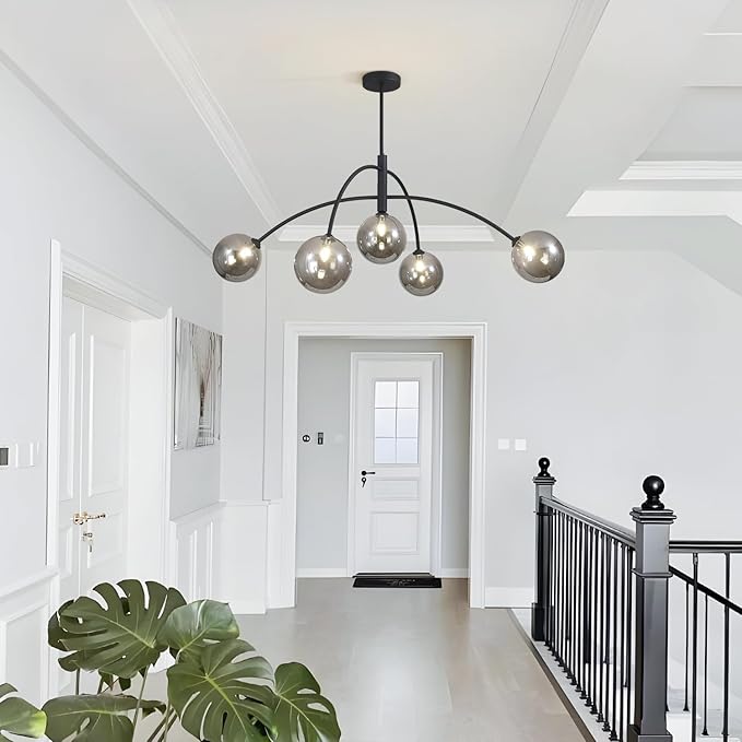 Mid Century Modern Chandelier Black 5 Light Industrial Pendant Light Fixture Vintage Smoke Gray Globe Glass Sputnik Chandeliers for Bedroom Kitchen Living Room Hallway