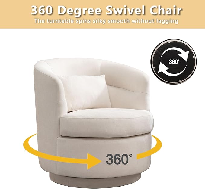 CANMOV Swivel Accent Chair, 360 Degree Round Swivel Barrel Chair with Pillow, Upholstered Comfy Barrel Armchair Single Club Sofa Chair for Living Room,Bedroom, Reading Room, Beige