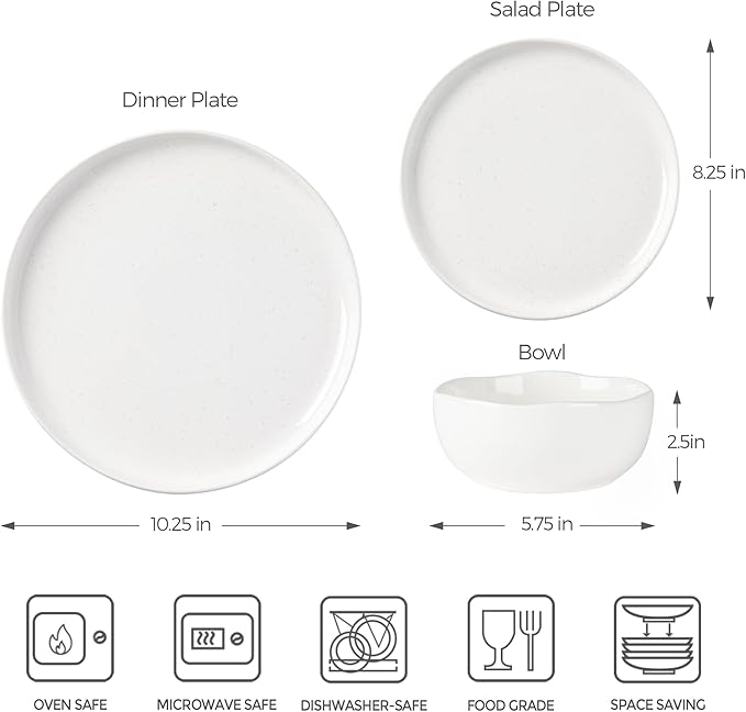 TheTerra Ceramic Dinnerware Sets for 4, 12 Pieces Porcelain Lightweight Plates and Bowls Sets, Scratch Resistant Dish Set, Oven & Microwave & Dishwasher Safe, White Speckled