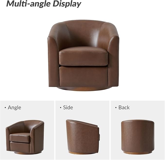 HULALA HOME Genuine Leather Swivel Accent Chair with Solid Wood Base, Round Swivel Barrel Chair for Living Room and Bedroom, Brown