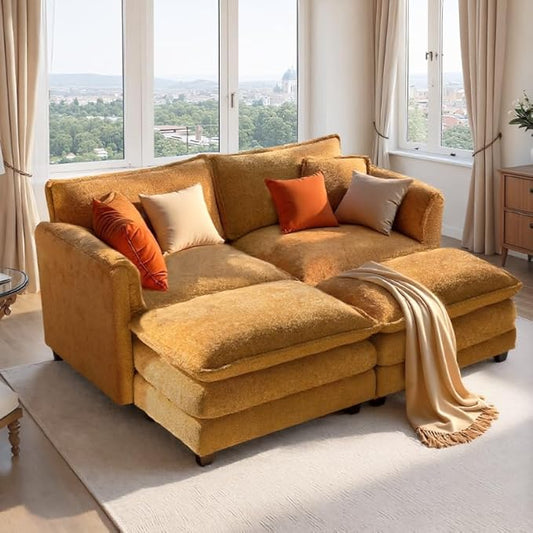 SweetGO corporation 42" Plush Single Sofa Accent Chair with Ottoman for Living Room/Bedroom, Set of 2 Modern Couch for Cozy Lounge Chair for Reading, Yellow
