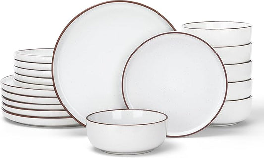 Famiware Mercury Plates and Bowls Sets, 18 Pieces Stoneware Dinnerware Sets, Dishes Set for 6, Microwave and Dishwasher Safe, White