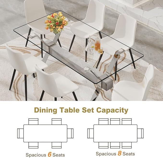 71'' Glass Dining Table Set for 6,7 Piece Dining Table Set with Tempered Glass Tabletop and Open‑Frame X‑Shaped Metal Base,Kitchen Table and Chairs Ideal for Dining Room&Home Office