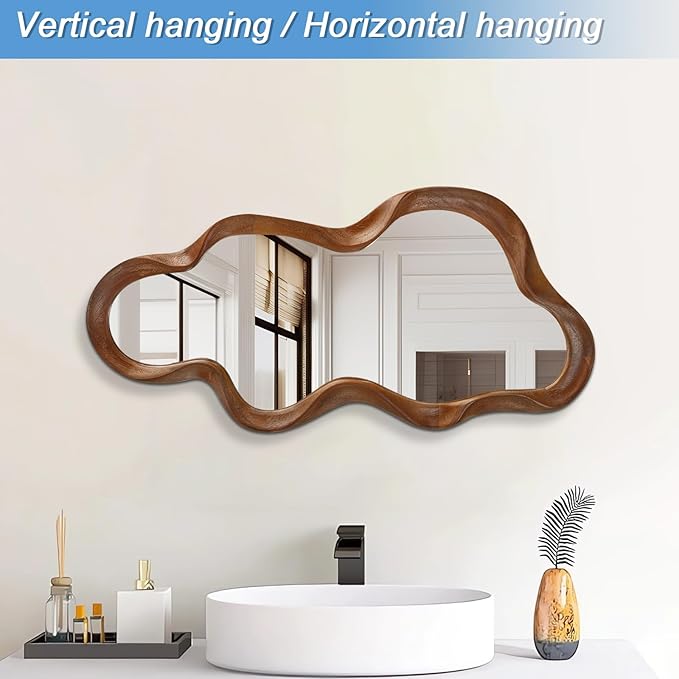 Asymmetrical Mirror Large Irregular Wall Mirror Modern Wood Frame Unique Artistic Mirrors Cute and Stylish Cloud Wavy Mirror Decorative for Cloakroom Bedroom Living Room Bathroom Entryway 30"x14"