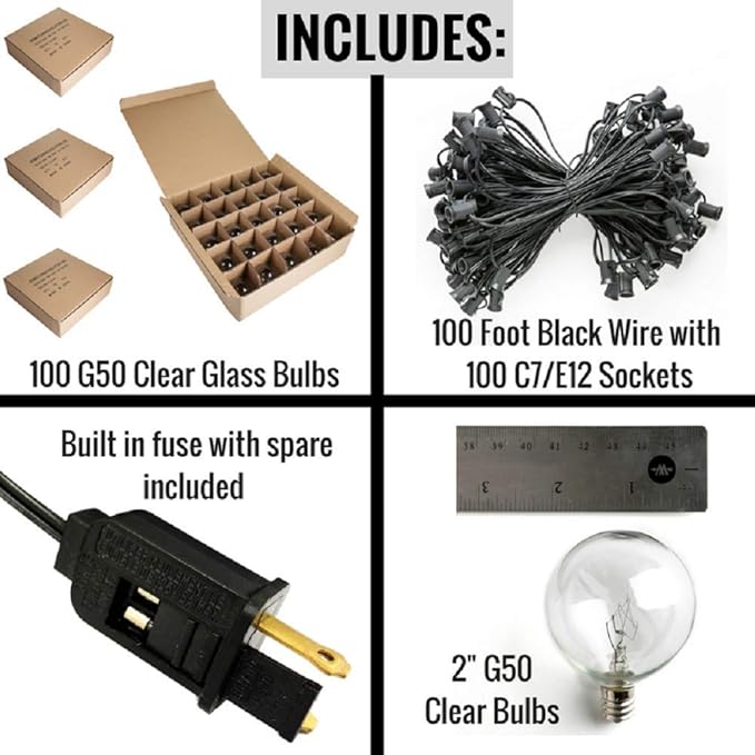Hometown Evolution, Inc. 100 Foot Outdoor String Lights - 105 G50 Clear 2" Bulbs (5 Extra) - Black Wire - Globe String Lights for Patio, Backyard, Deck, Bistro, Cafe, and Party Lighting