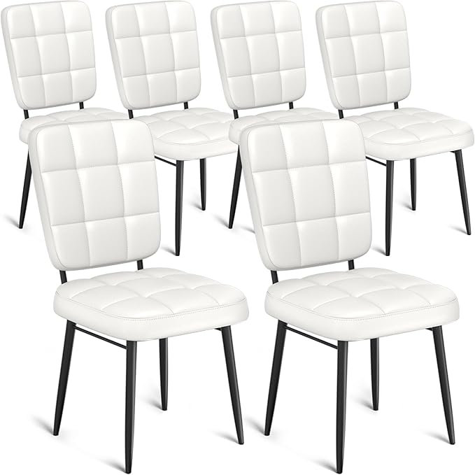 Leather Dining Chairs Set of 6, Upholstered Dining Room Kitchen Chairs with Thick Cushion, High Backrest, Metal Legs, Mid Century Modern Side Chair for Home Living Room Cafe Restaurant, White