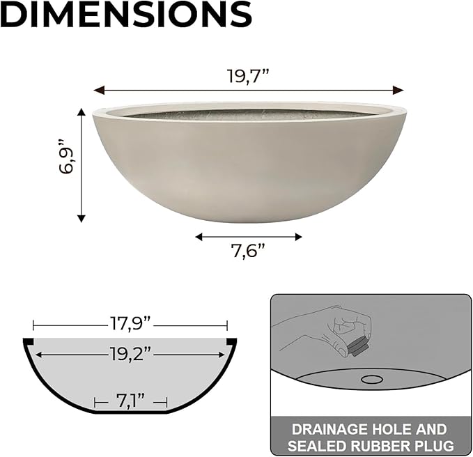 6.9" H x 19.7" D Round Bowl Fiberstone Planter for Succulent and Lotus, Drainage Hole, Weather Resistant for Indoor and Outdoor Use, Included 2 Extra Coco Mats (Taupe, 17.9" Pot Opening)